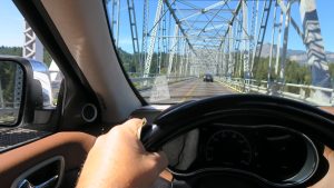 Driving across the very narrow Bridge of the Gods into Washington.