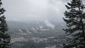 View from Overlook at Biscuit Basin of the entire Upper Geyser Basin.