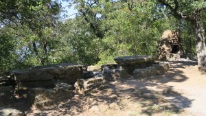 Stone picnic tables made by CCC at Lake Mineral Wells State Park. 